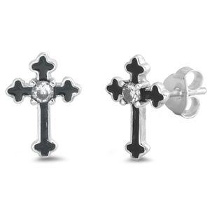 .925 Sterling Silver Clear CZ Cross Stud Earrings
